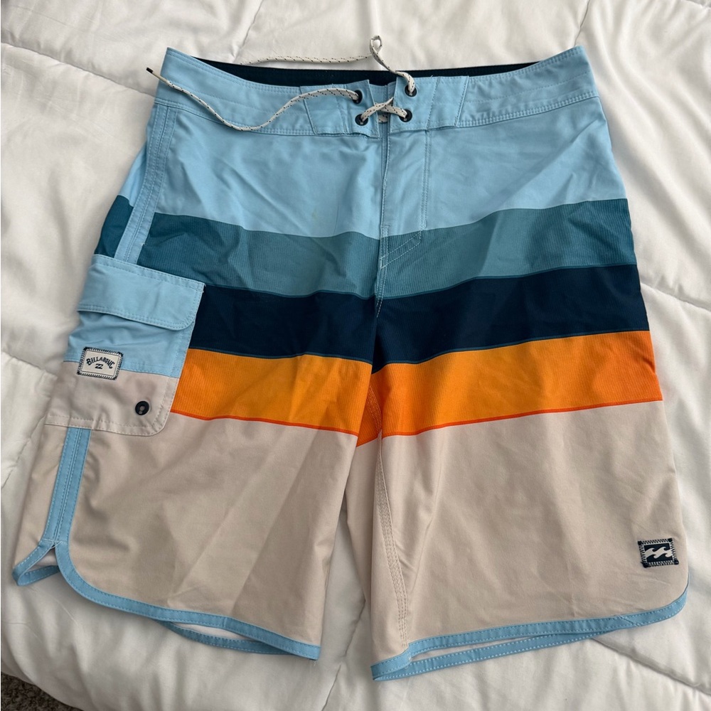 Billabong Men’s Light Blue, Navy & Orange Striped Boardshorts